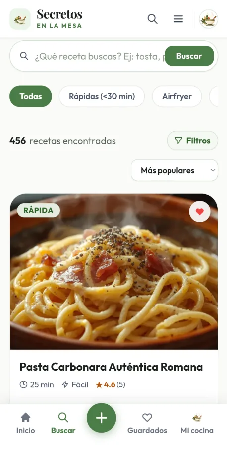 Buscador de recetas de la app con filtros