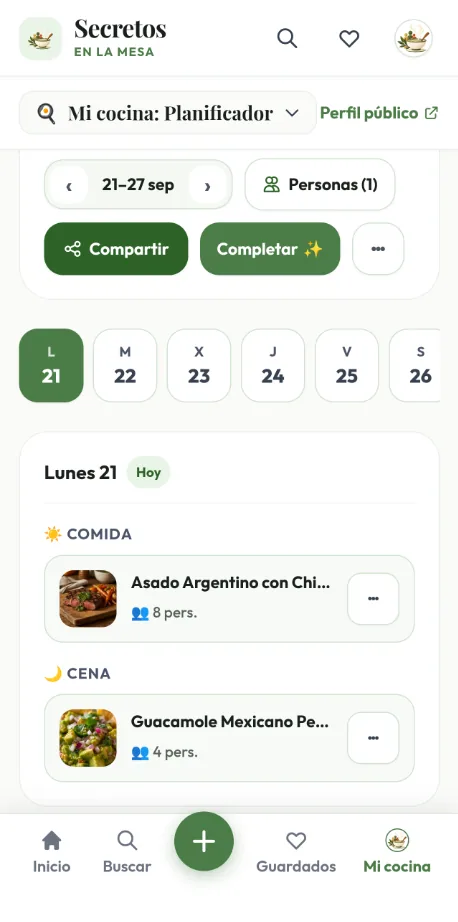 Planificador de comidas semanal de la app