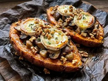 Boniatos Asados Rellenos de Setas de Otoño, Castañas y Queso de Cabra en Airfryer