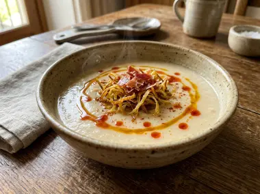 Crema sedosa de alubias blancas y patata con crujiente de puerro y pimentón ahumado