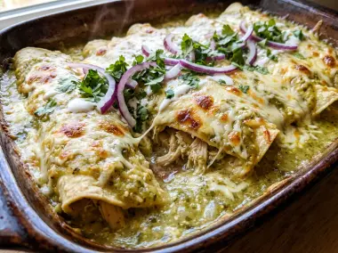 Enchiladas suizas tradicionales mexicanas gratinadas con salsa verde cremosa