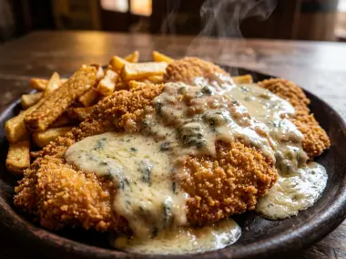 Escalopines al Cabrales Tradicionales con Patatas Fritas Caseras