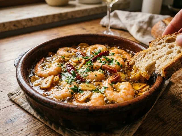 Gambas al Ajillo Tradicionales en Cazuela de Barro con Guindilla
