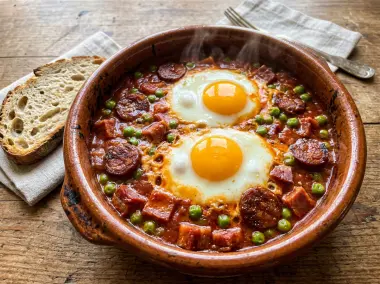 Huevos al plato tradicionales de la abuela con chorizo, jamón y tomate casero