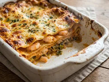Lasaña casera de langostinos con puerro confitado y bechamel marinera