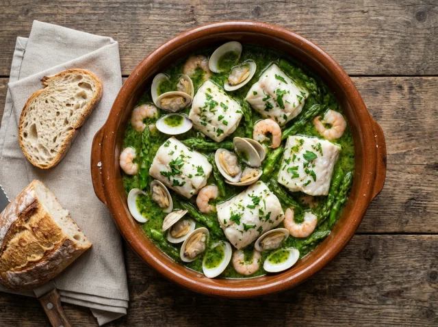Merluza en Salsa Verde Tradicional con Almejas y Gambones