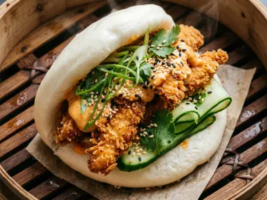 Pan Bao Relleno de Pollo Crujiente con Mayonesa Kimchi y Encurtidos