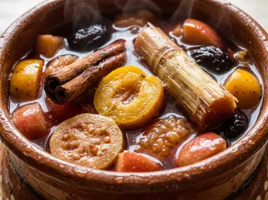 Ponche navideño tradicional mexicano con tejocote, guayaba y caña
