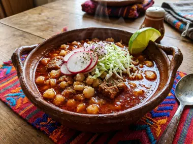 Pozole rojo mexicano tradicional de cerdo y maíz cacahuazintle