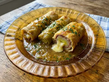 Puerros rellenos caseros de jamón y queso en salsa tradicional de la abuela
