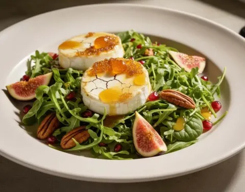 Ensalada De Rúcula Con Higos, Queso De Cabra Caramelizado Y Vinagreta De Mandarina