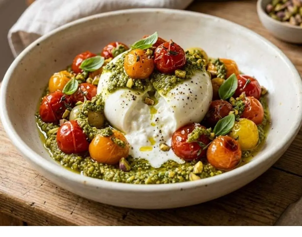 Burrata Cremosa Con Tomates Cherry Confitados Y Pesto De Pistacho