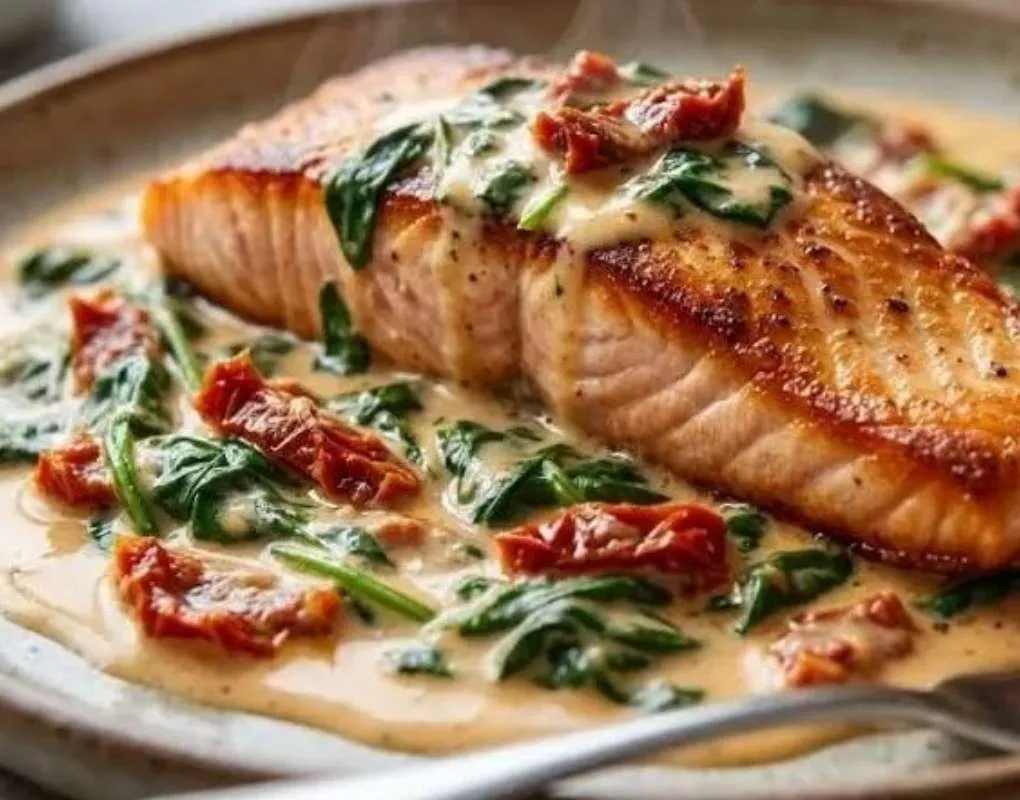 Salmón Dorado En Salsa Cremosa De Tomates Secos Y Espinacas Al Limón