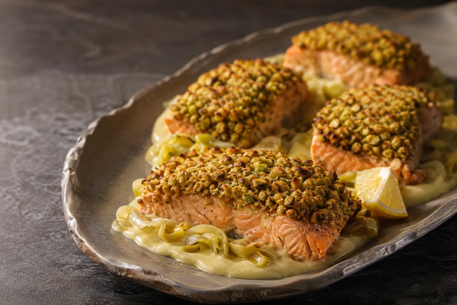 Salmón Al Horno Con Costra De Pistacho Y Crema De Puerro
