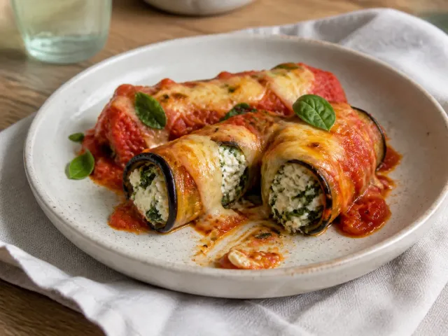 Canelones De Berenjena Con Ricotta, Espinacas Y Tomate Asado