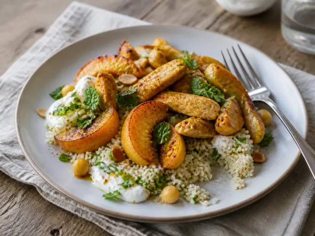 Ensalada Templada De Pollo Especiado, Melocotón A La Plancha Y Couscous De Hierbas