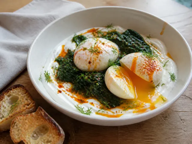 Huevos Turcos Con Yogur, Espinacas Y Pan Crujiente
