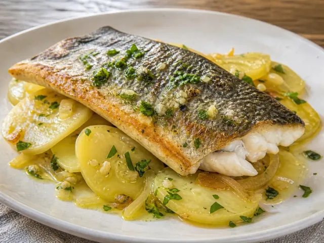 Lomo De Lubina Al Horno Con Patatas Panadera Y Ajada De Limón