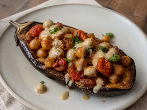 Berenjenas Asadas Con Garbanzos Especiados Y Tahini De Limón
