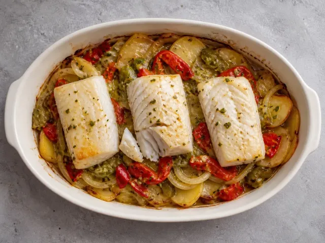 Lomos De Merluza Al Horno Sobre Patatas Panadera Y Pimientos