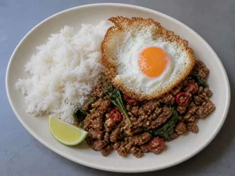 Pad Krapao De Ternera Con Albahaca Y Huevo Crujiente