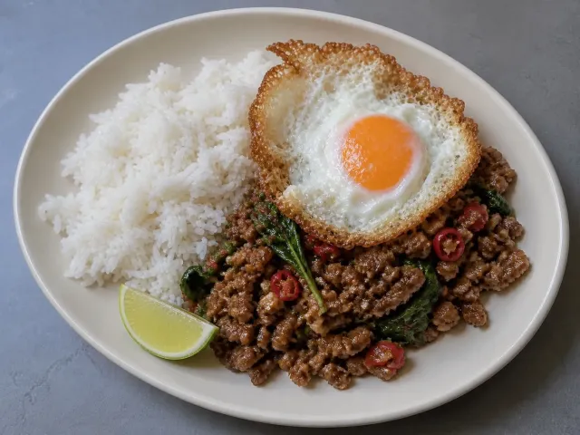 Pad Krapao De Ternera Con Albahaca Y Huevo Crujiente