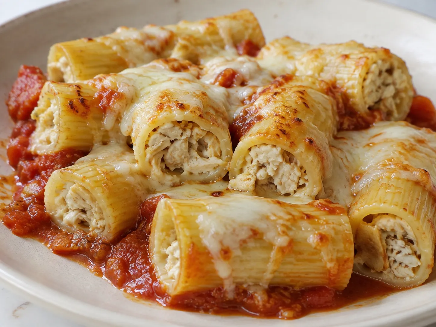 Rigatoni Rellenos De Pollo Gratinados