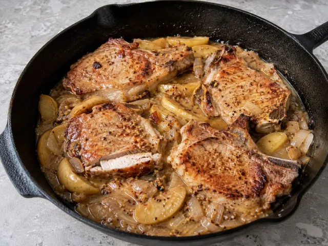 Chuletas De Cerdo A La Mostaza Antigua Con Manzana