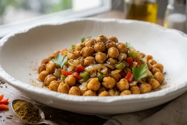 Garbanzos fritos con cebolla, pimiento y comino