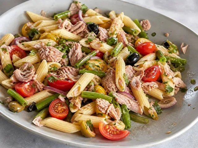 Ensalada De Pasta Mediterránea Con Atún Y Aliño De Limón