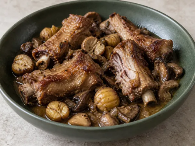 Costillas De Cerdo Guisadas Con Castañas Y Setas