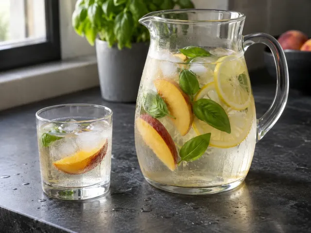 Agua Saborizada De Melocotón, Limón Y Albahaca