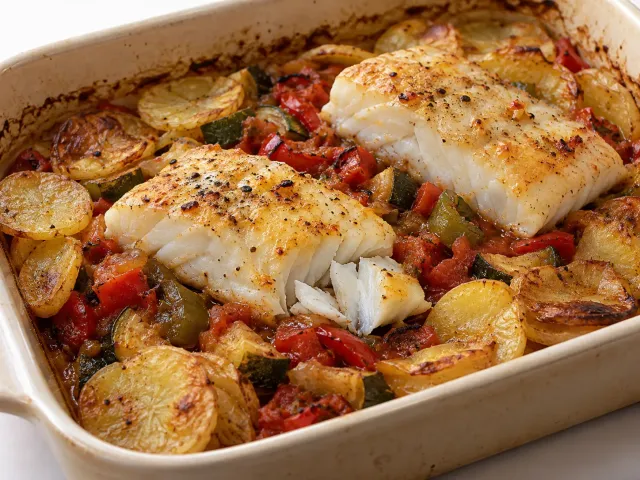 Bacalao Al Horno Con Pisto Y Patatas Panadera