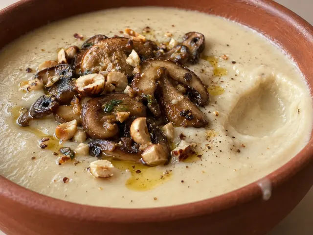 Crema De Coliflor Asada Con Setas Y Avellanas