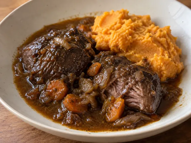 Carrilleras A La Cerveza Negra Con Puré De Boniato