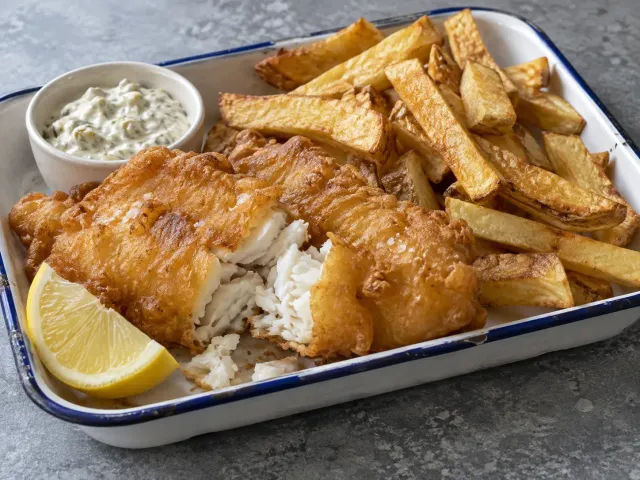 Fish & Chips Británico Con Salsa Tártara