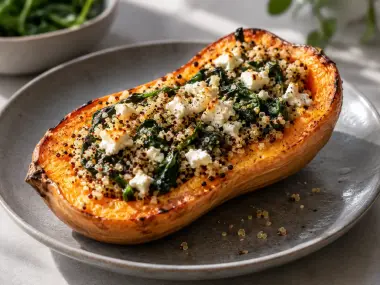 Calabaza Asada Rellena De Quinoa, Espinacas Y Feta
