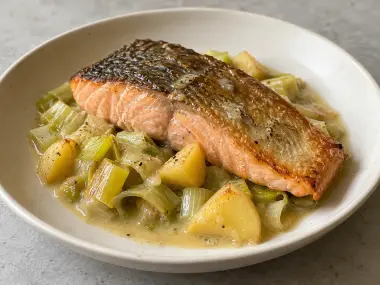 Salmón A La Sidra Con Puerro Y Manzana