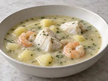 Gazpachuelo Malagueño Tradicional Con Merluza, Gambas Y Patata