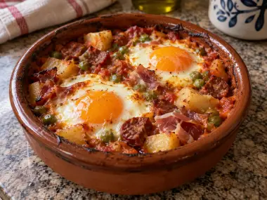 Huevos A La Flamenca En Cazuela De Barro