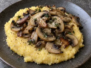 Polenta Cremosa Con Champiñones Laminados Y Tomillo