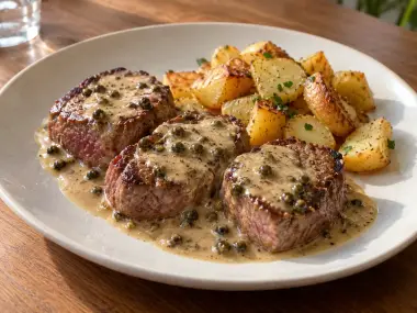 Solomillo De Ternera A La Pimienta Verde Con Patatas Salteadas