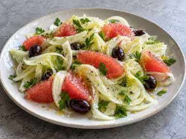 Ensalada De Hinojo Y Pomelo Rosa Con Aceitunas Negras