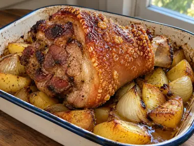 Codillo Asado Al Horno Con Patatas Y Cebolla
