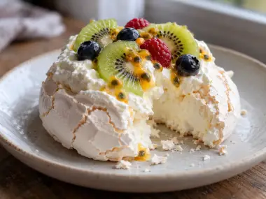 Pavlova Crujiente Con Kiwi Y Maracuyá