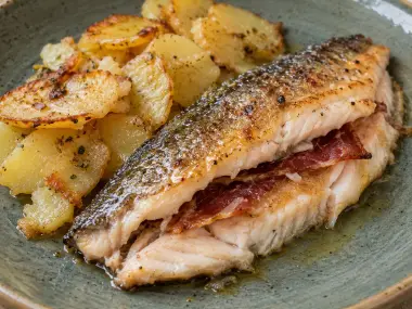 Trucha A La Navarra Tradicional Con Jamón Y Patatas Panadera