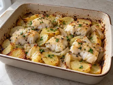 Rape Al Horno Con Patatas Panaderas Y Majado De Ajo Y Perejil
