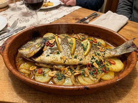 Besugo al horno a la madrileña tradicional con patatas panaderas y refrito de ajos