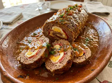 Rollo de carne picada relleno al horno en salsa tradicional de la abuela
