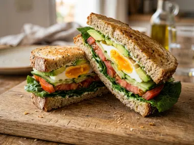 Sándwich Vegetal Completo con Pan Rústico, Aguacate y Huevo
